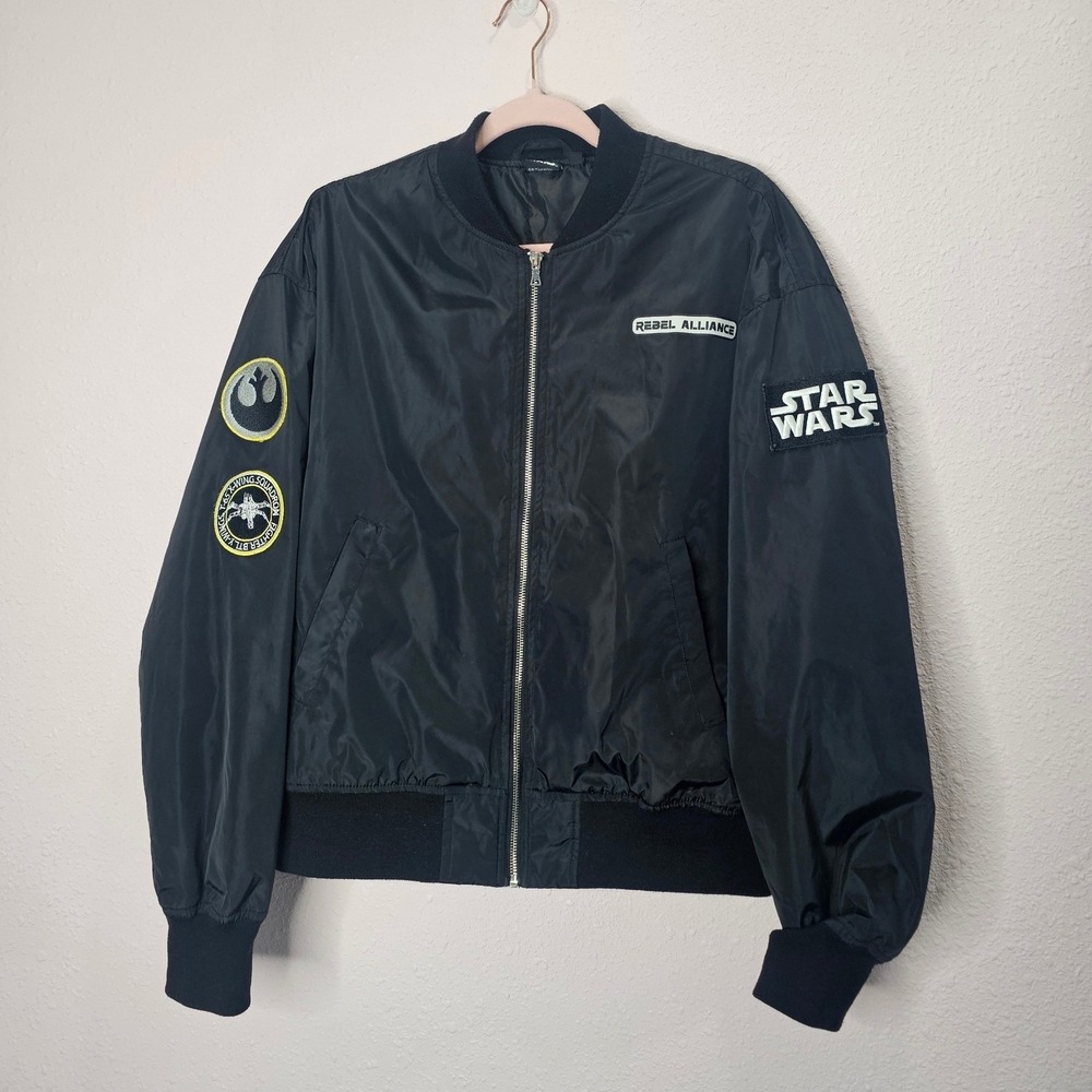 Star Wars Rebel Alliance Bomber Jacket Black Mens Medium X-Wing Patches Full Zip